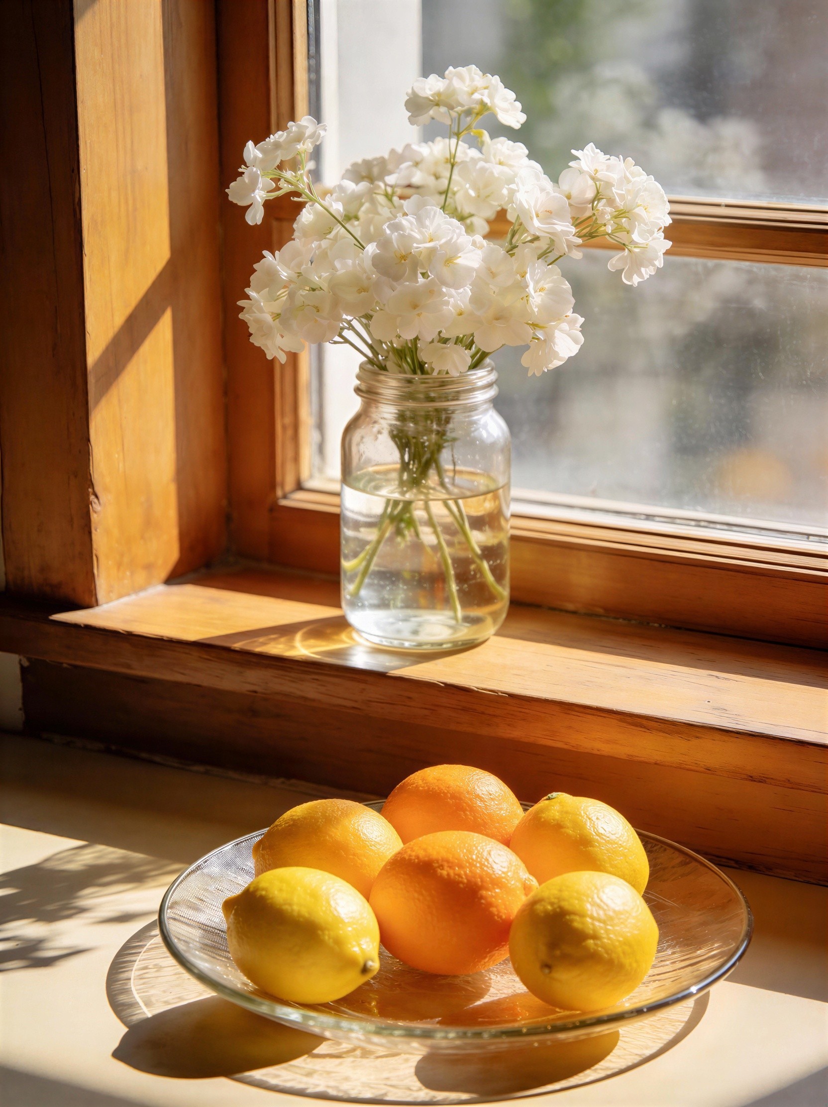Glass Jar with Flowers and Citrus on Windowsill
