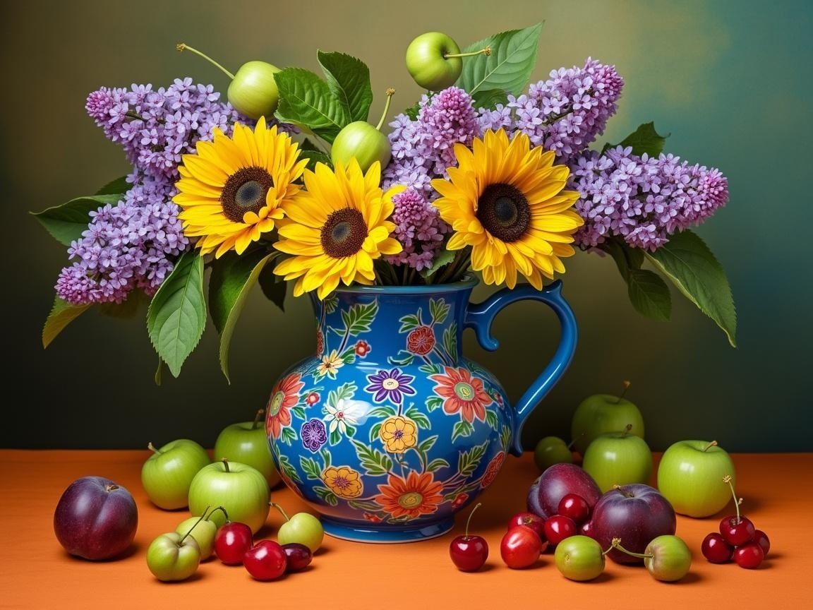 Sunflowers and Lilacs in Blue Vase with Fresh Fruits