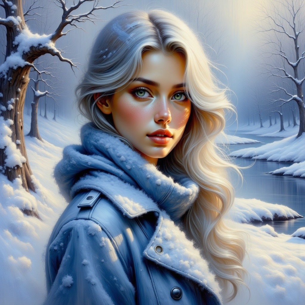 Young woman in winter landscape with silver-blonde hair