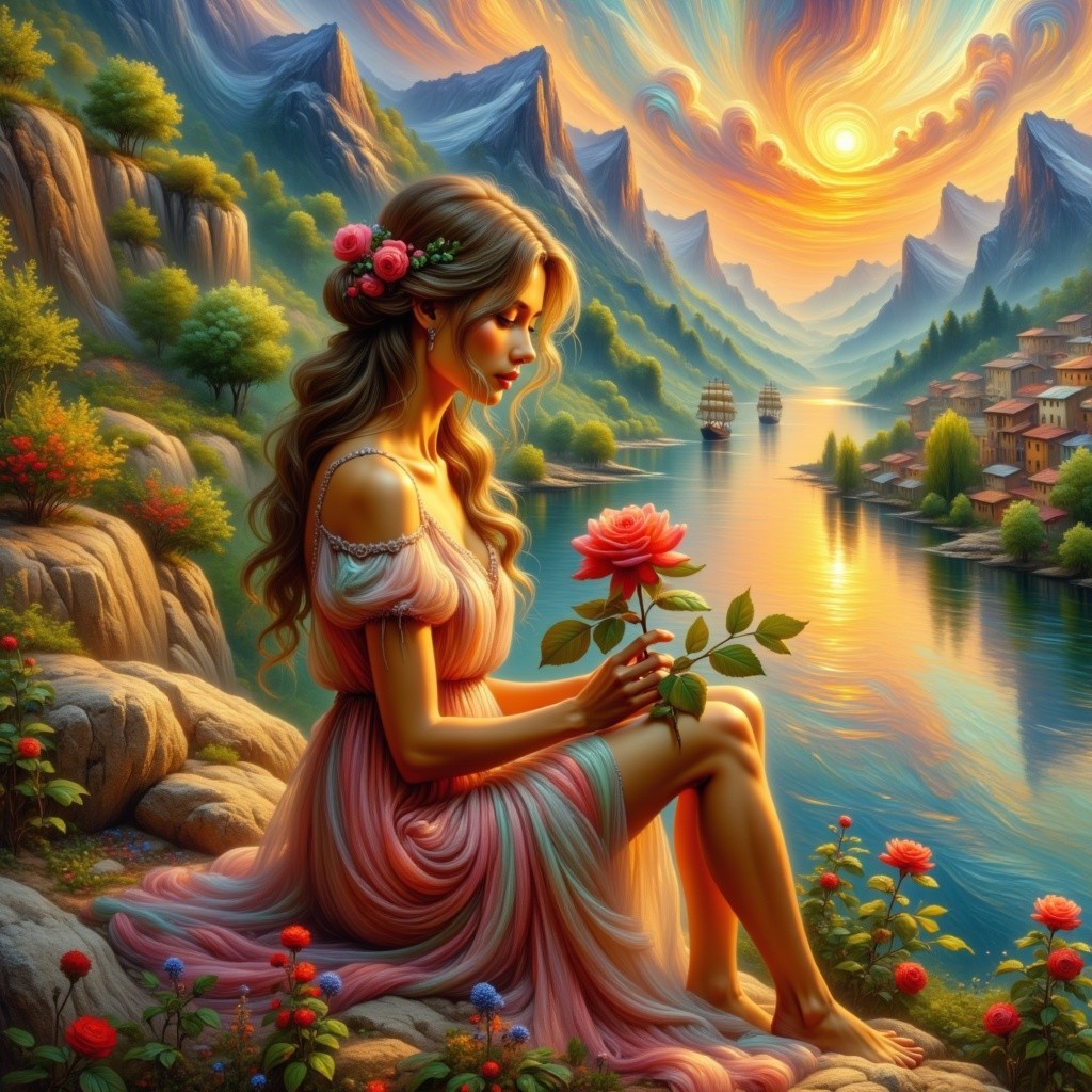 Young Woman by River in Pink Dress at Sunset