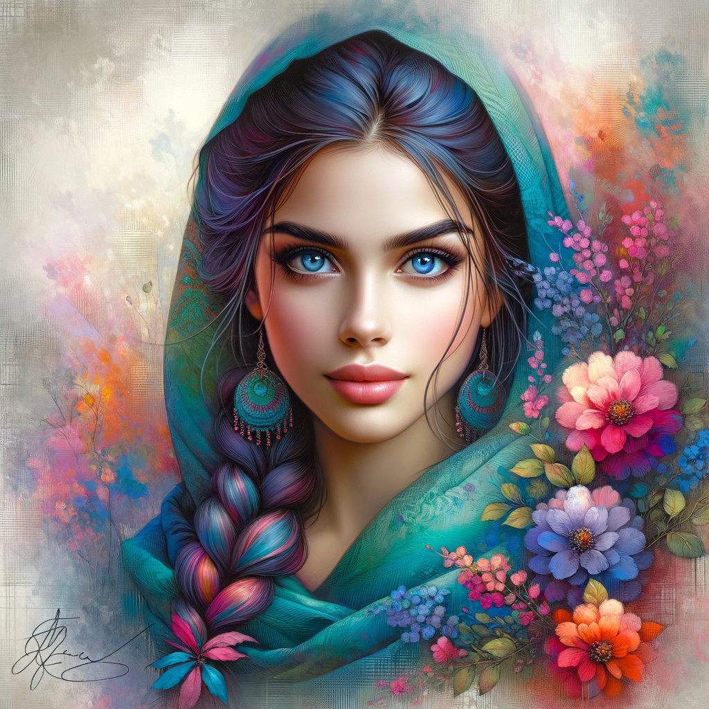 Young woman in turquoise scarf with floral backdrop