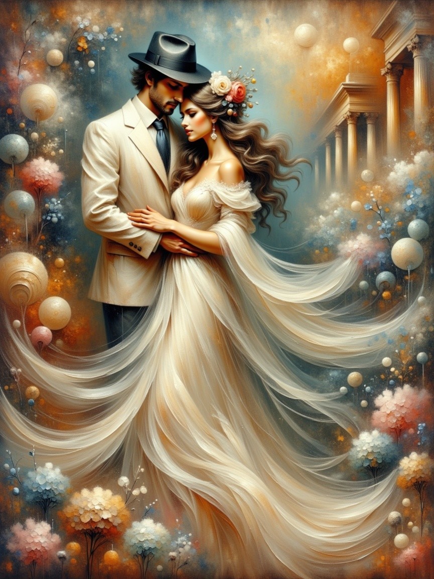 Romantic Couple Embracing in Ethereal Background