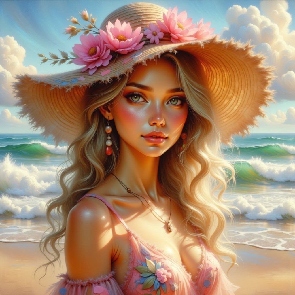 Young woman by the shore in summer attire and scenery