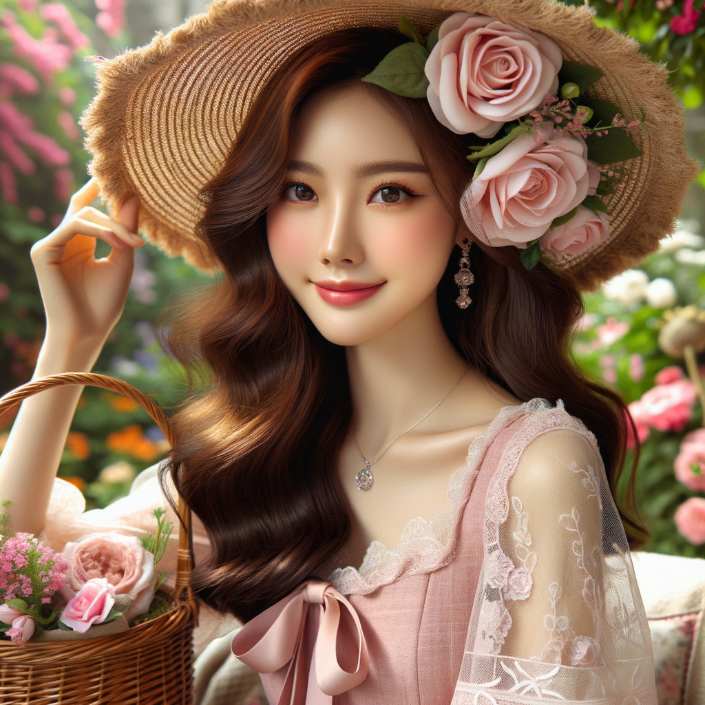 Young woman in straw hat in colorful garden setting