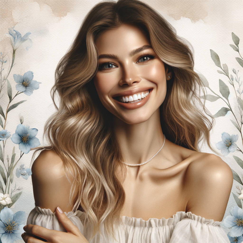 Radiant Woman in Off-Shoulder Blouse with Watercolor Blooms