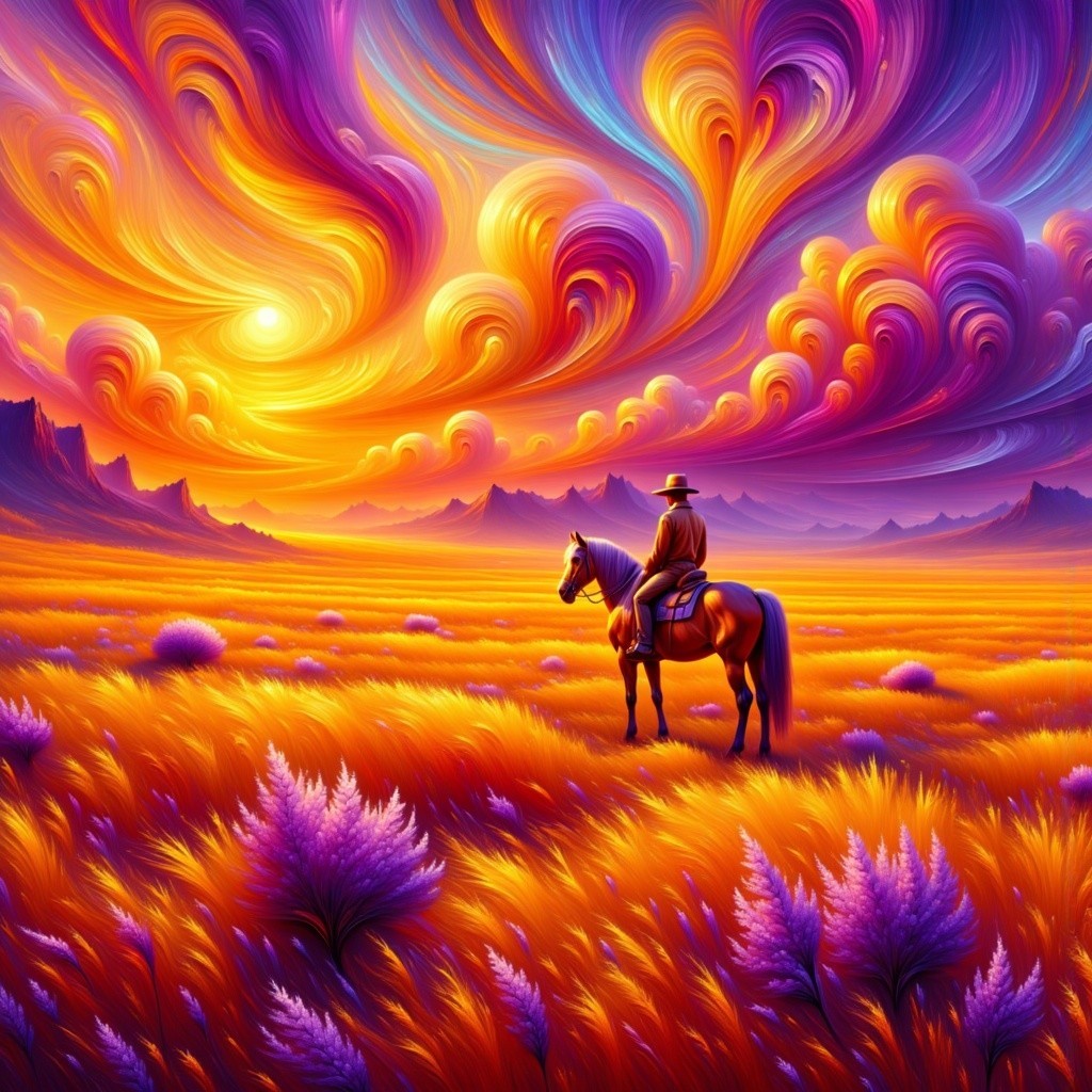 Surreal Sunset Landscape with Cowboy and Wildflowers