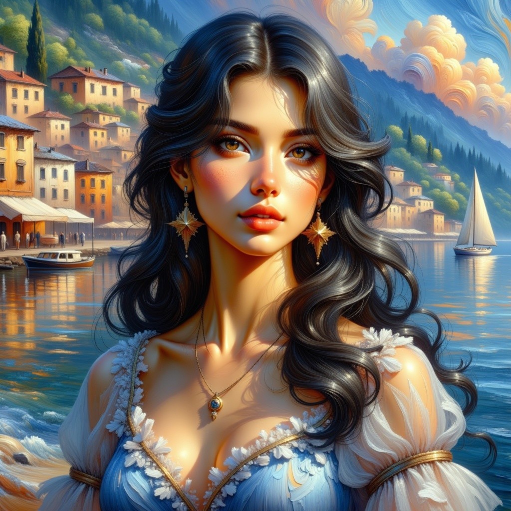 Young Woman by Lakeside Village with Scenic Backdrop