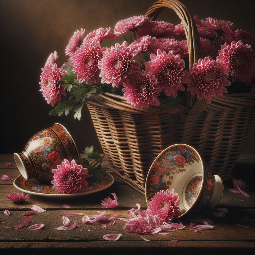Woven Basket with Pink Chrysanthemums and Porcelain Cups