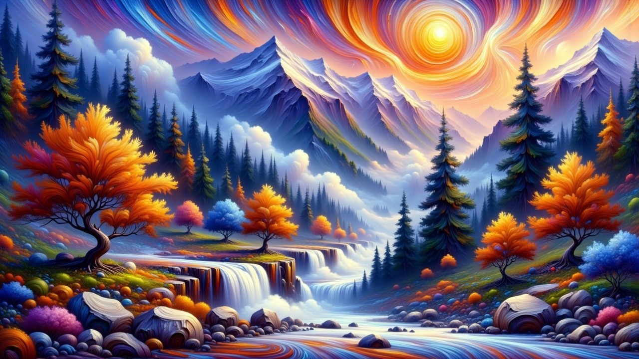 Vibrant Mountain Landscape with Cascading Waterfalls