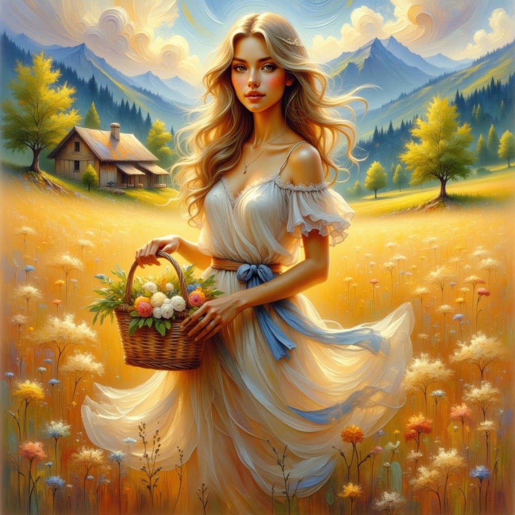 Serene Landscape with Woman in White Dress and Flowers