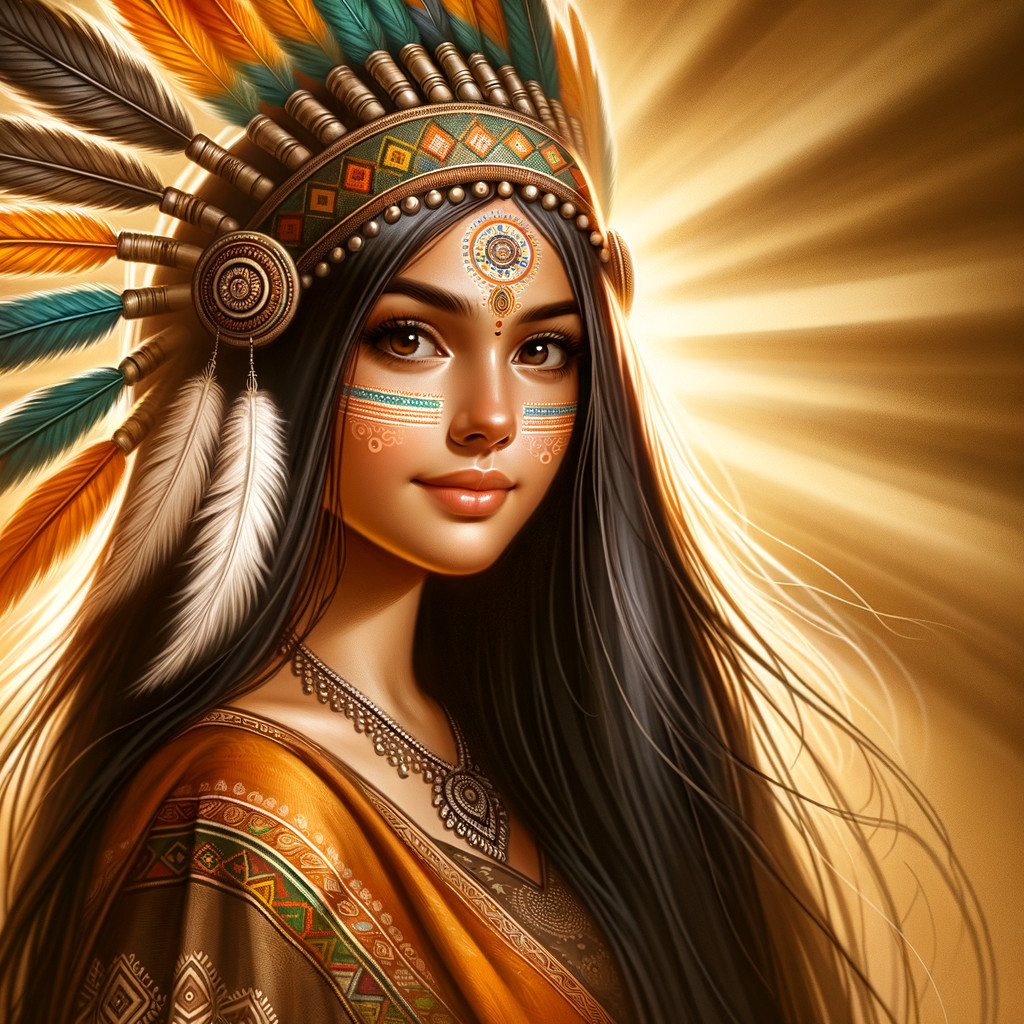 Young woman in traditional attire with feathered headdress