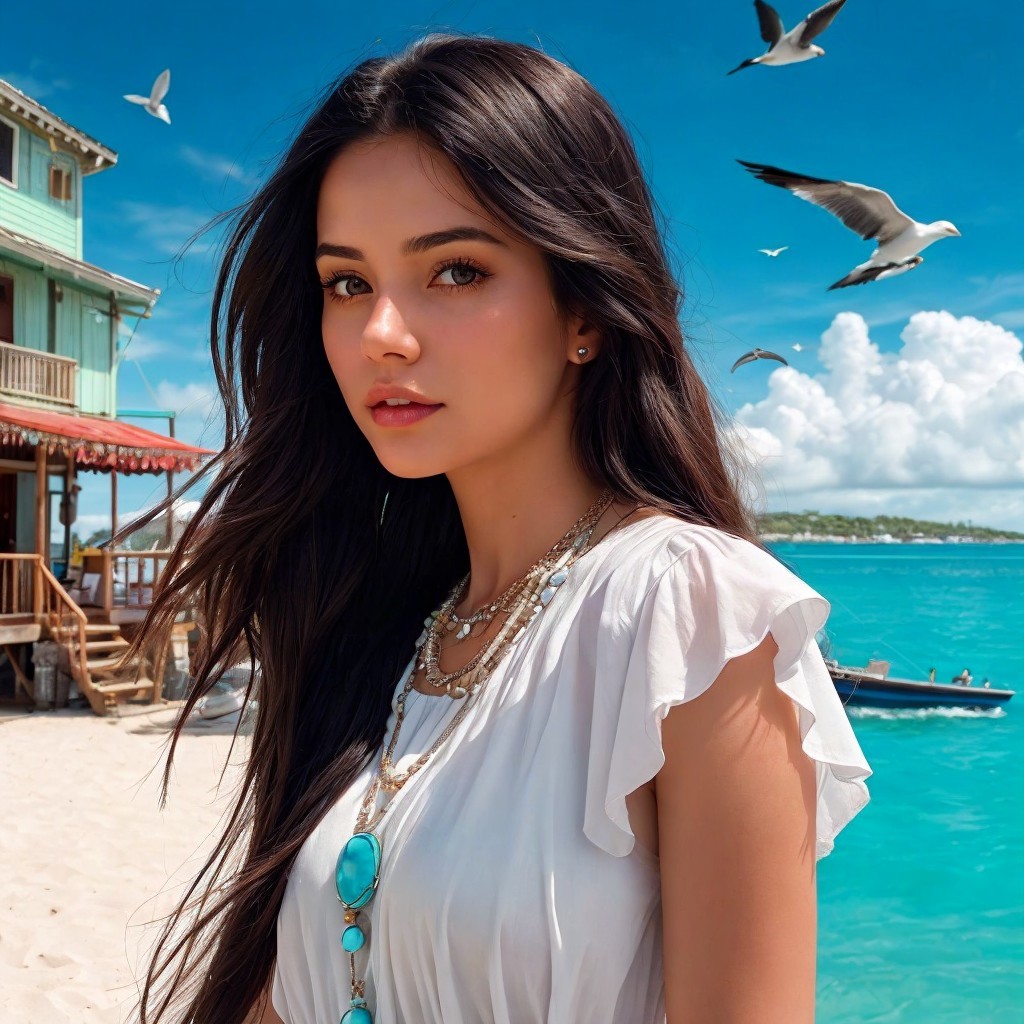 Young Woman in White Dress at Serene Beach Scene