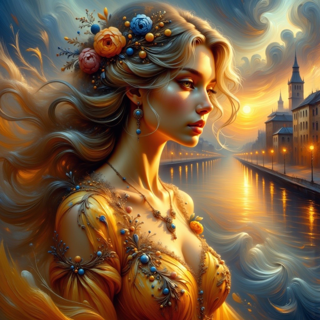 Regal Woman with Golden Hair at Sunset by River