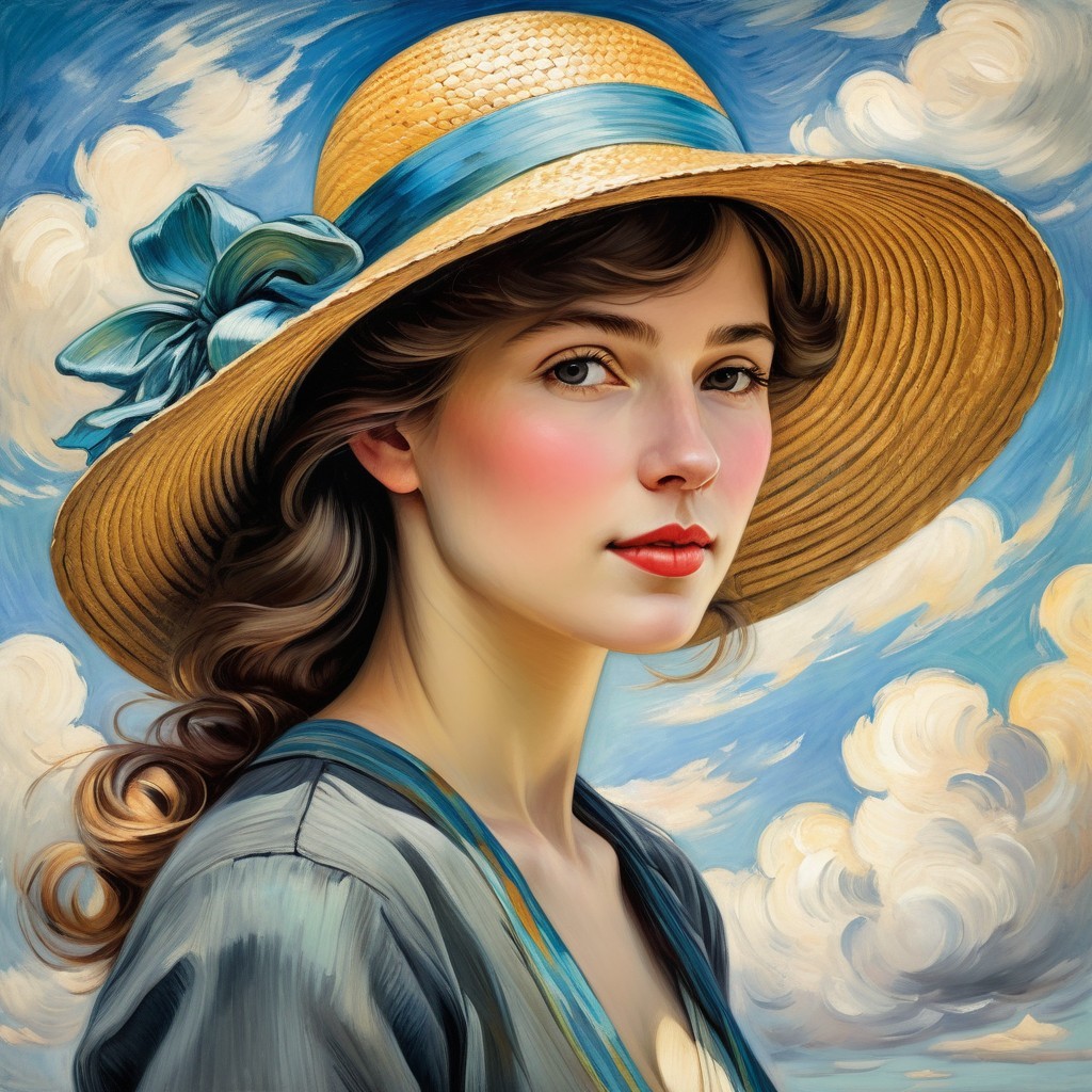 Young woman in straw hat against a blue sky