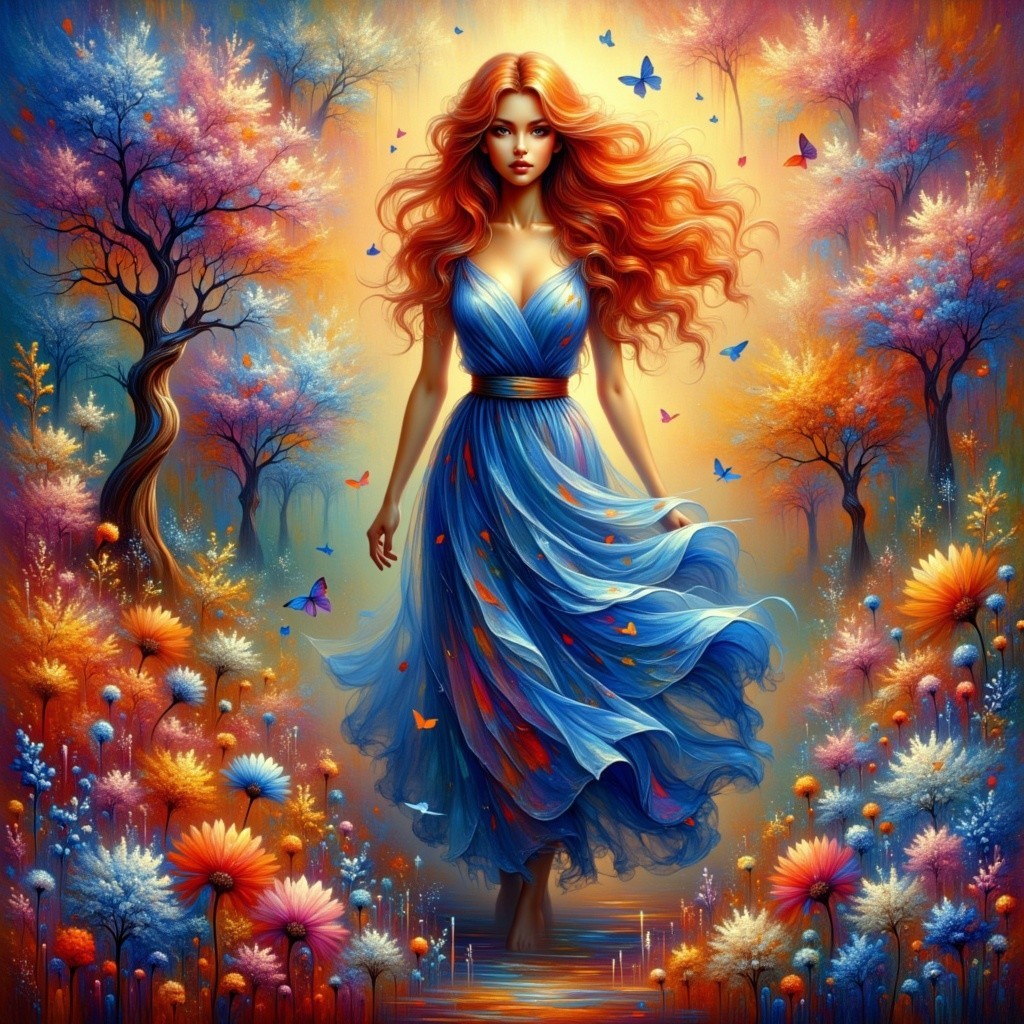 Serene Landscape with Woman in Flowing Blue Dress