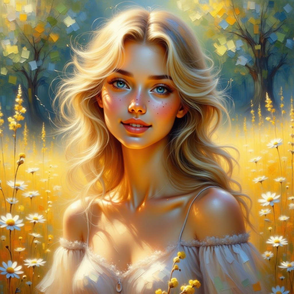 Young woman in sunlit meadow with golden flowers