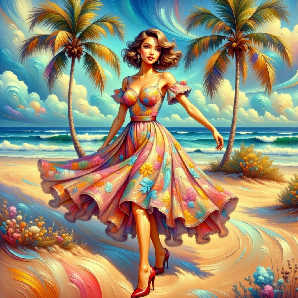 Colorful Beach Scene with Woman in Floral Dress