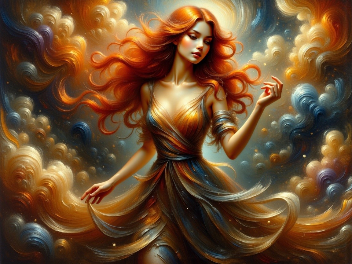 Female figure in a celestial setting with vibrant gown