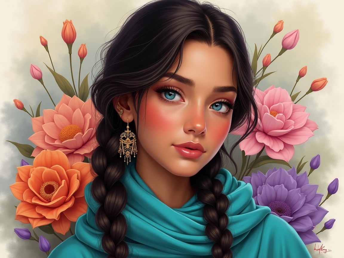 Young woman with braids and vibrant floral backdrop
