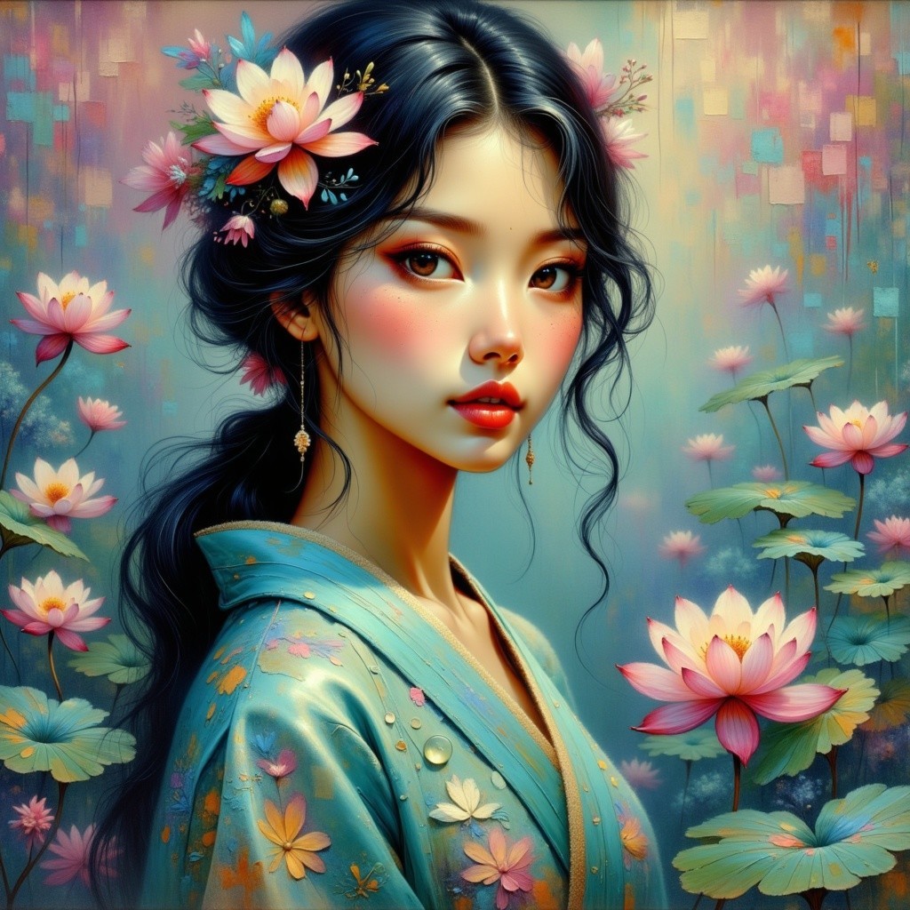 Young woman in kimono surrounded by lotus flowers