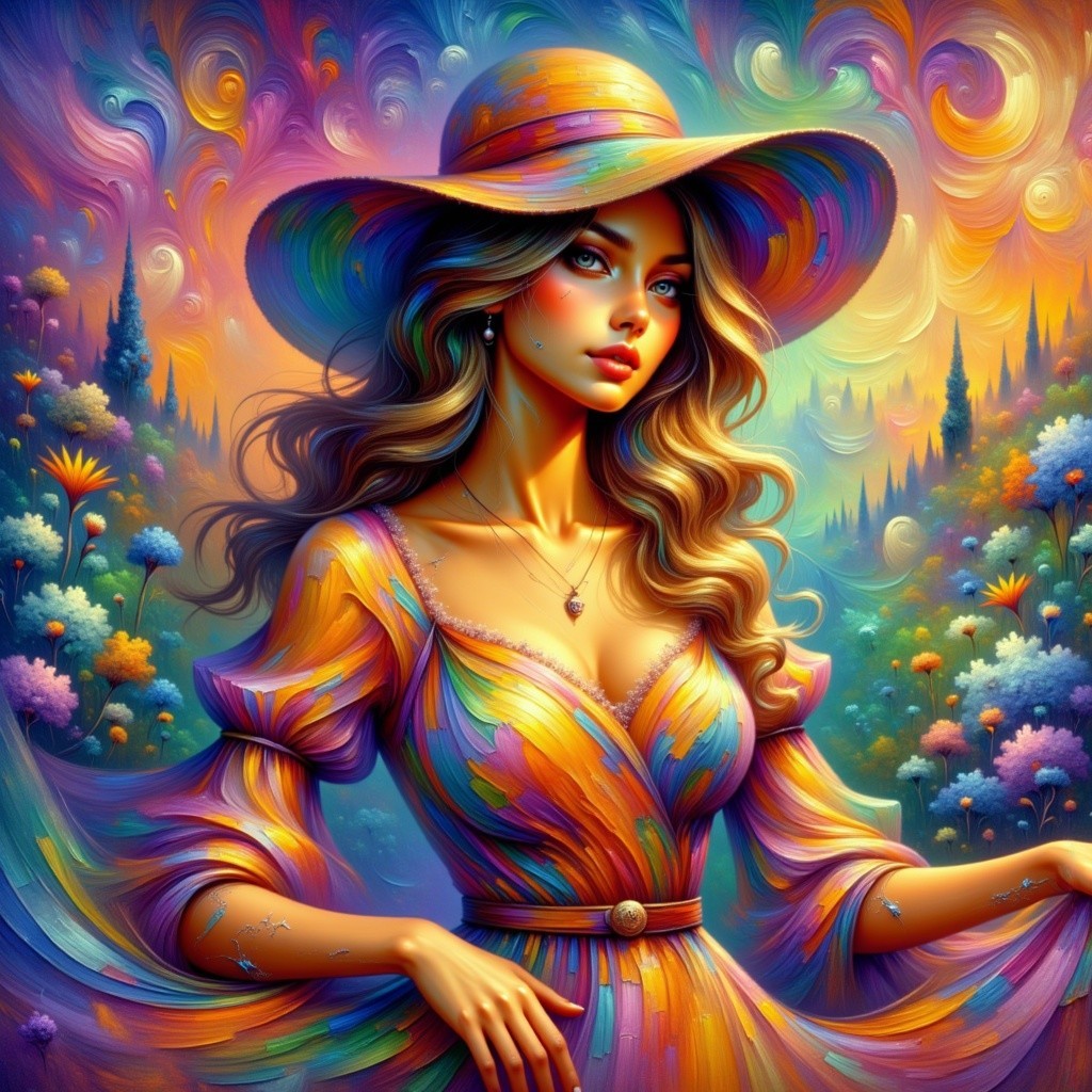 Vibrant Woman in Colorful Dress in Surreal Landscape