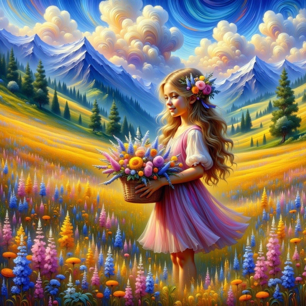 Young girl in meadow with flowers and mountains