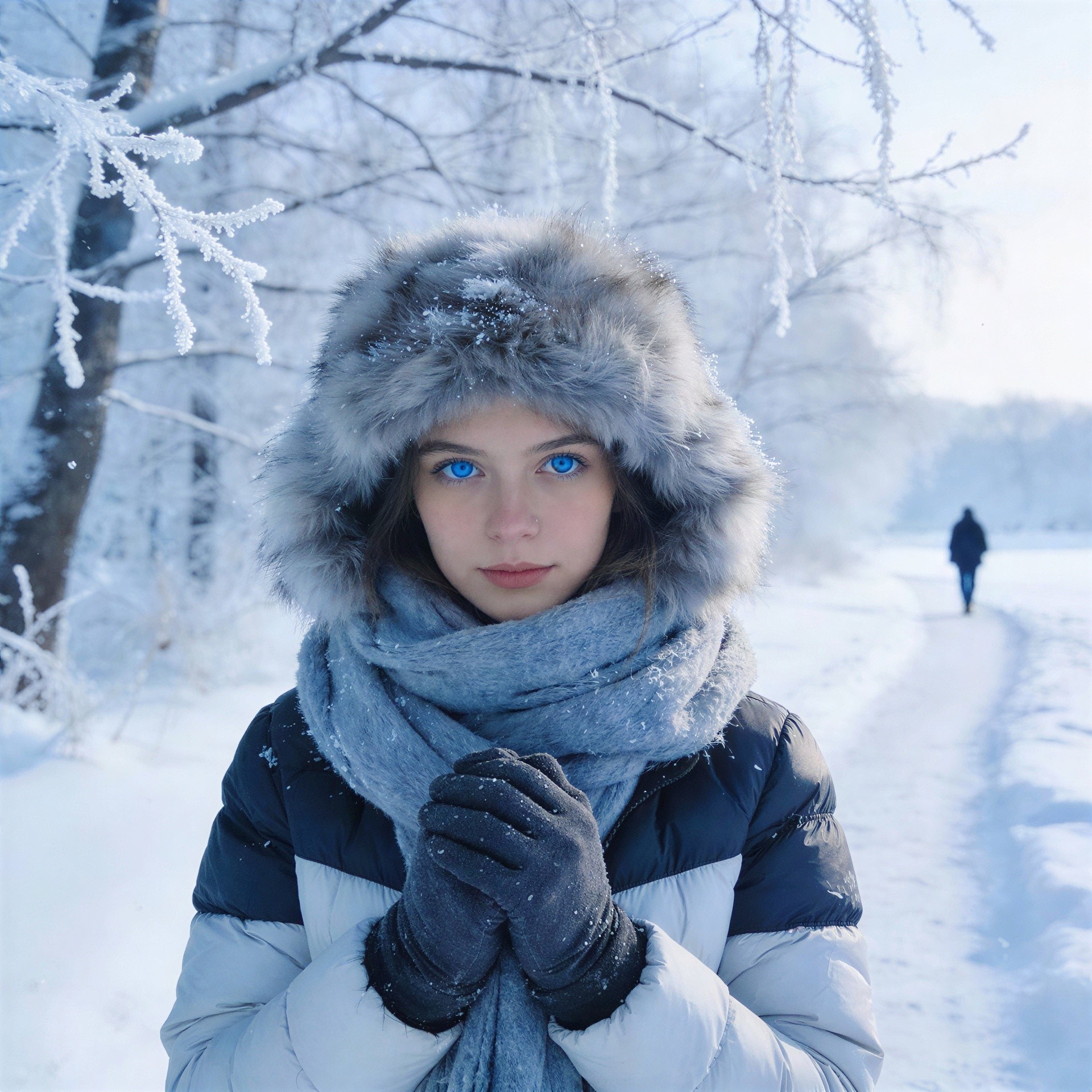 Close-up of a woman in winter attire in a snowy forest