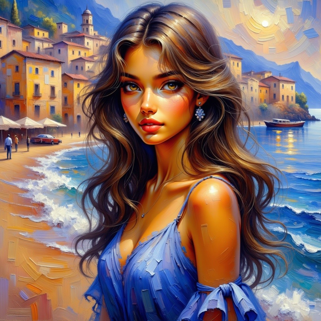 Young Woman in Blue Dress by Serene Coastal Shore
