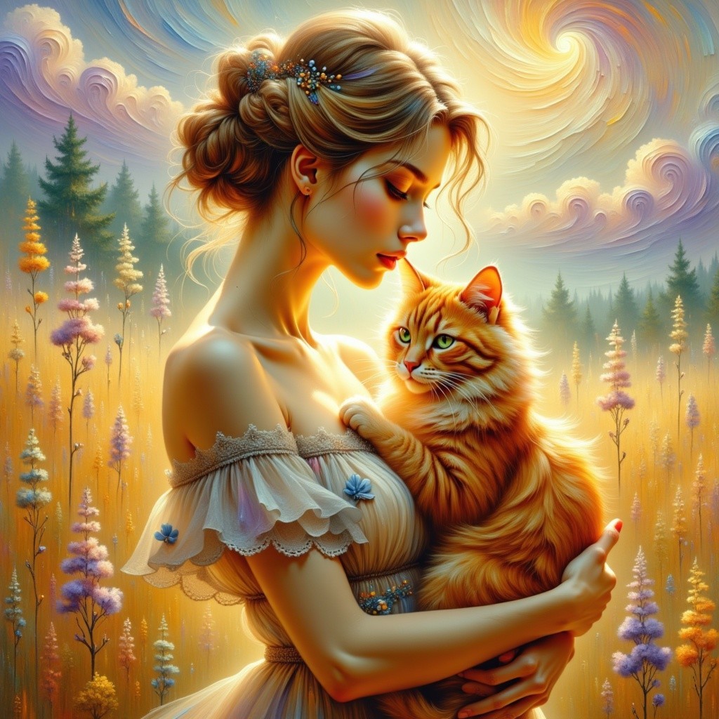 Dreamy Landscape with Woman and Fluffy Orange Cat