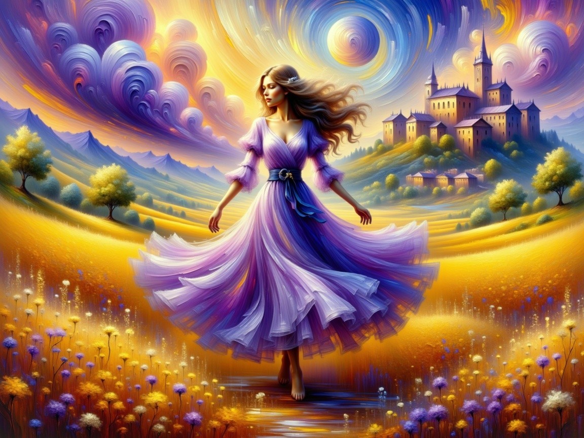 Dreamy Landscape with Woman in Purple Dress and Castle