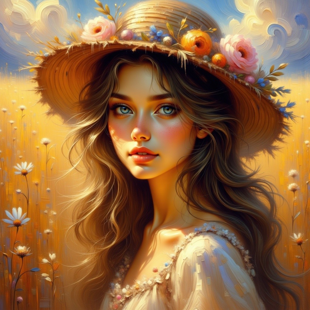 Digital Painting of Woman in Floral Straw Hat