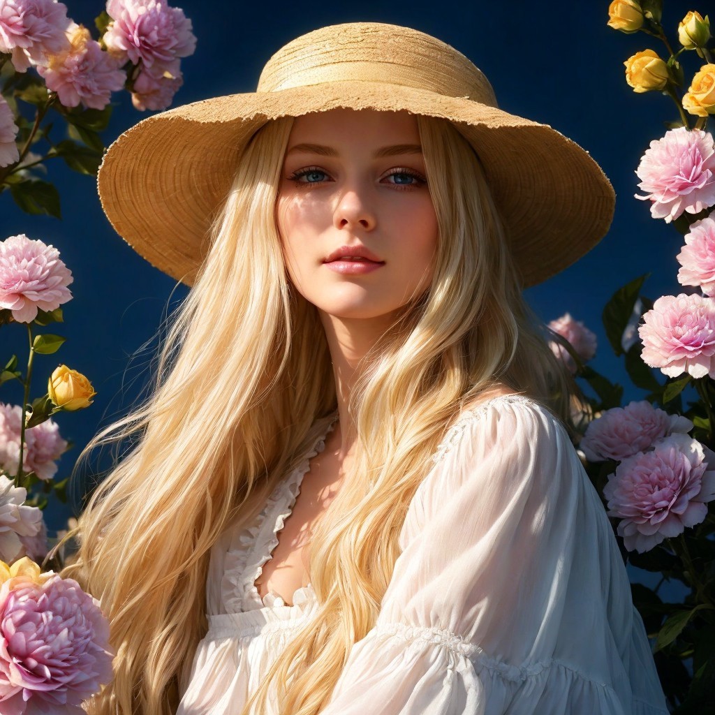 Young woman with blonde hair in floral setting