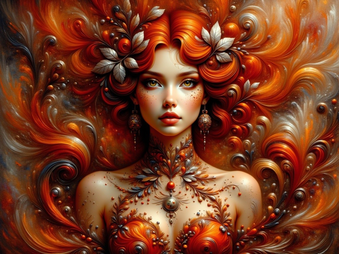 Portrait of a Woman with Orange Hair and Floral Accents