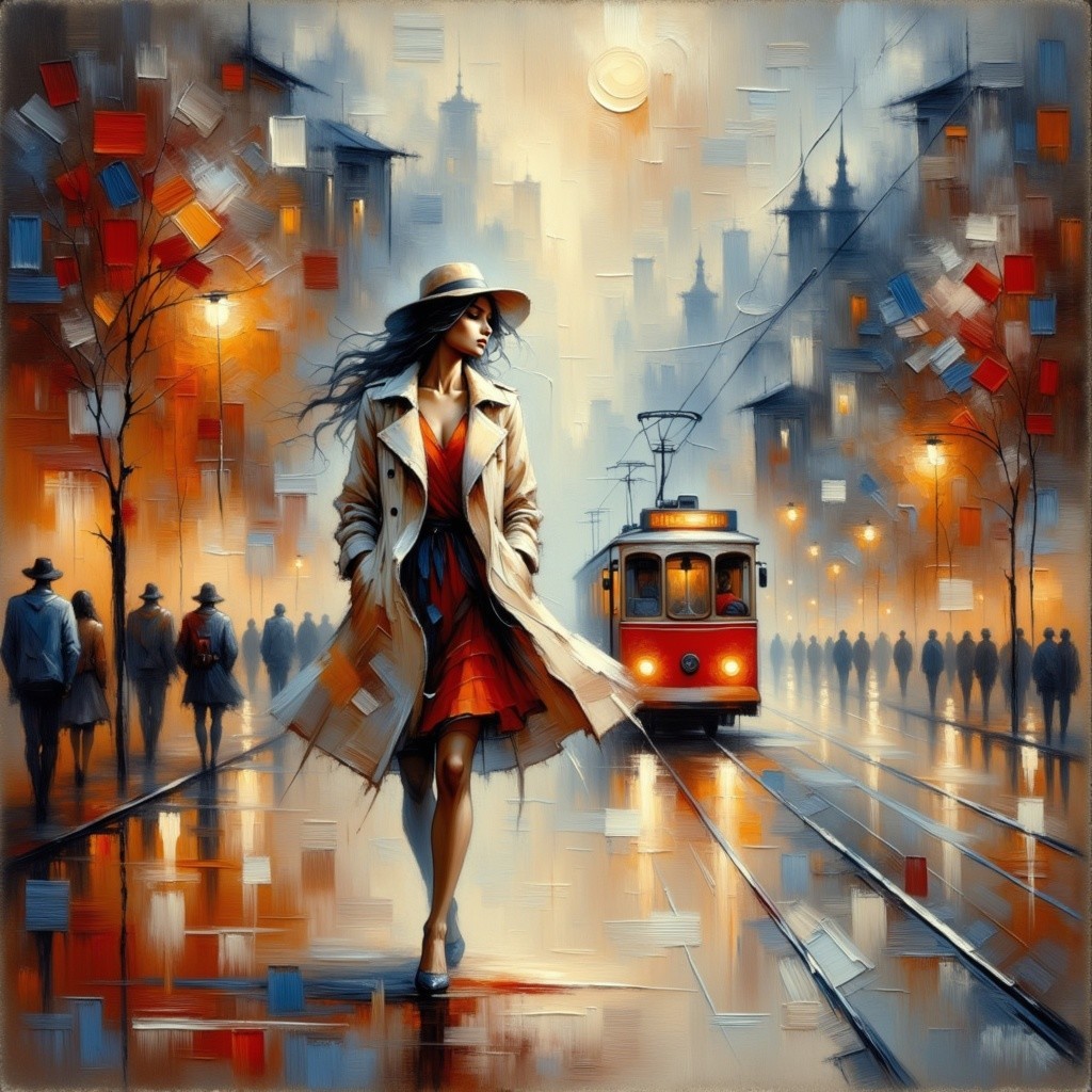 Stylish Woman in Trench Coat on Rainy Street Scene