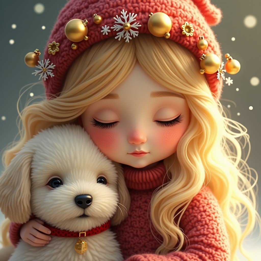 Young girl in cozy red hat cuddles white puppy in snow