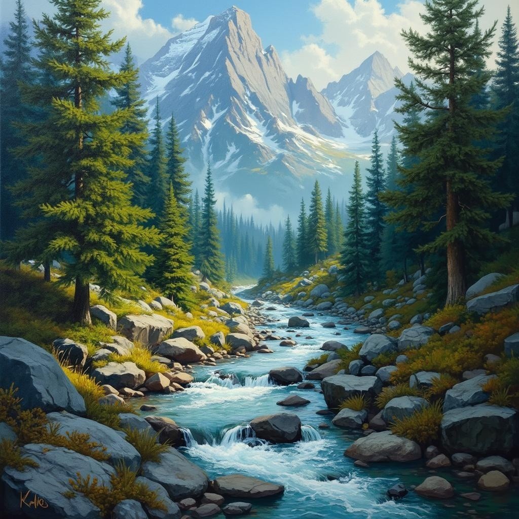 Serene Landscape with River, Forest, and Mountains