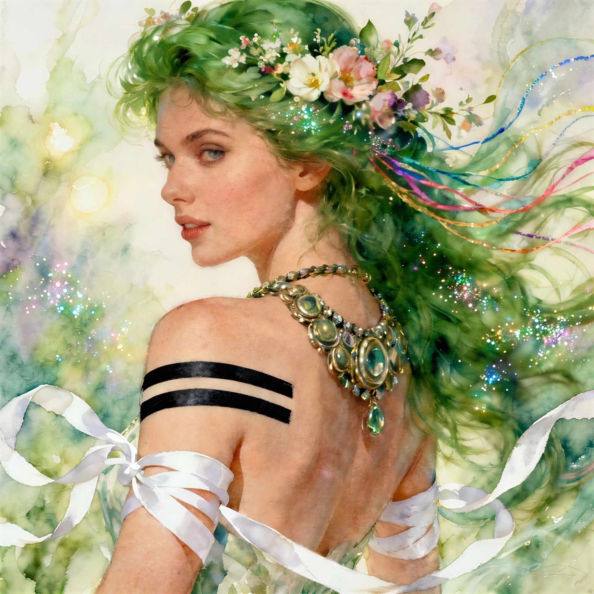 Fantastical portrait of a woman with green hair and jewelry