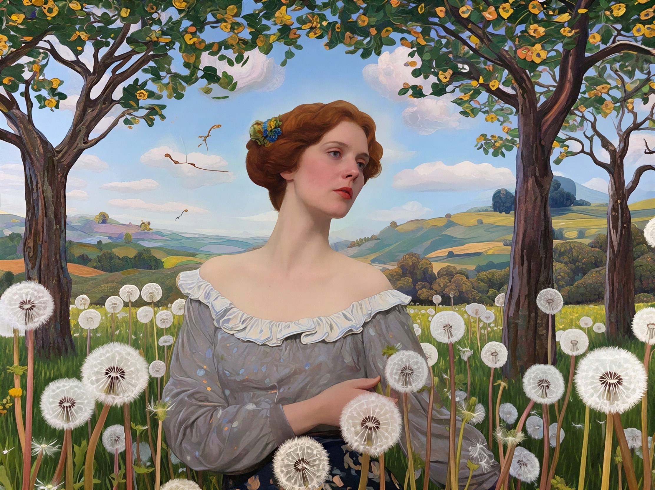Fair-skinned woman in floral hairpiece among dandelions