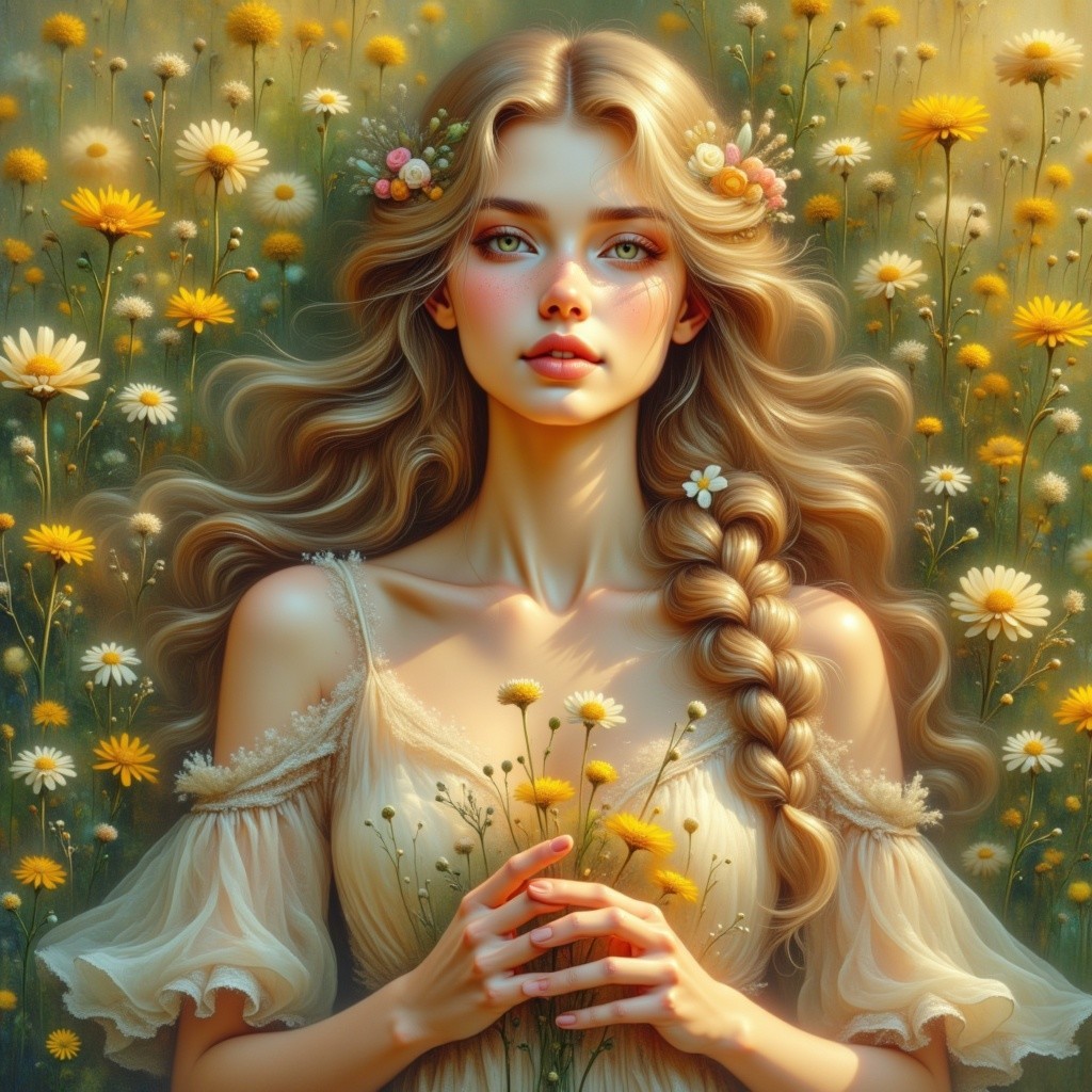 Young Woman in Daisies with Wildflower Bouquet