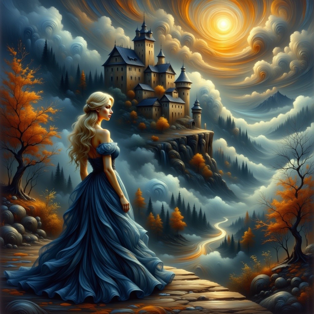Young Woman in Blue Gown in Dreamy Landscape