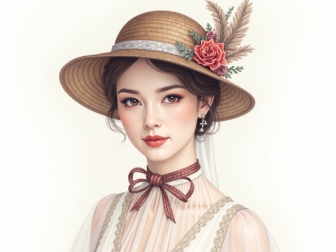 Portrait of a Young Woman in Vintage Straw Hat