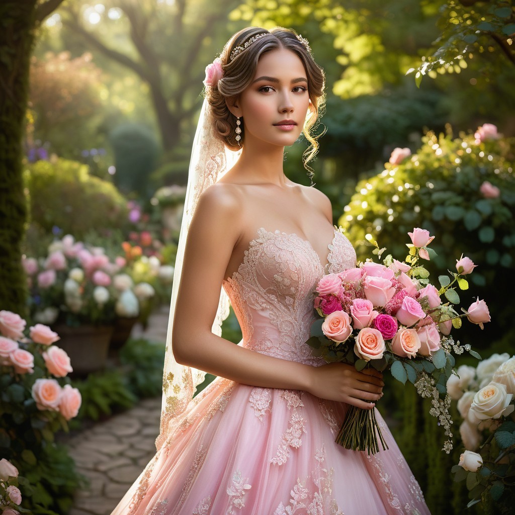 Young Woman in Elegant Gown in Lush Garden Setting