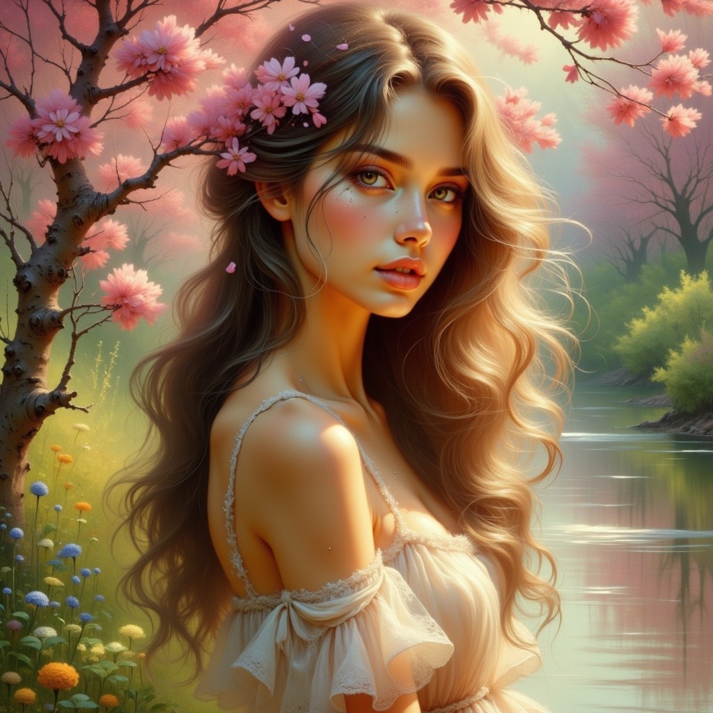 Young Woman in Floral Dress by Tranquil River Scene