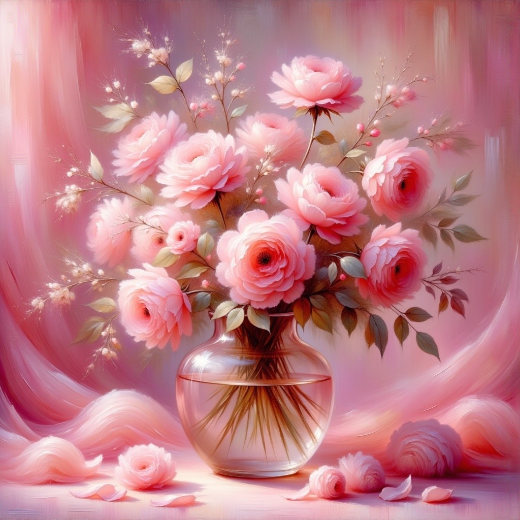Soft Pink Roses in a Clear Glass Vase with Pastel Background