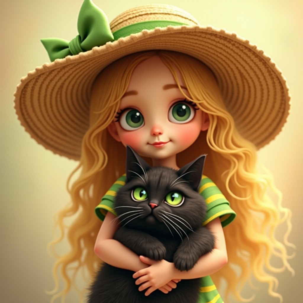 Whimsical Illustration of Girl with Cat and Hat