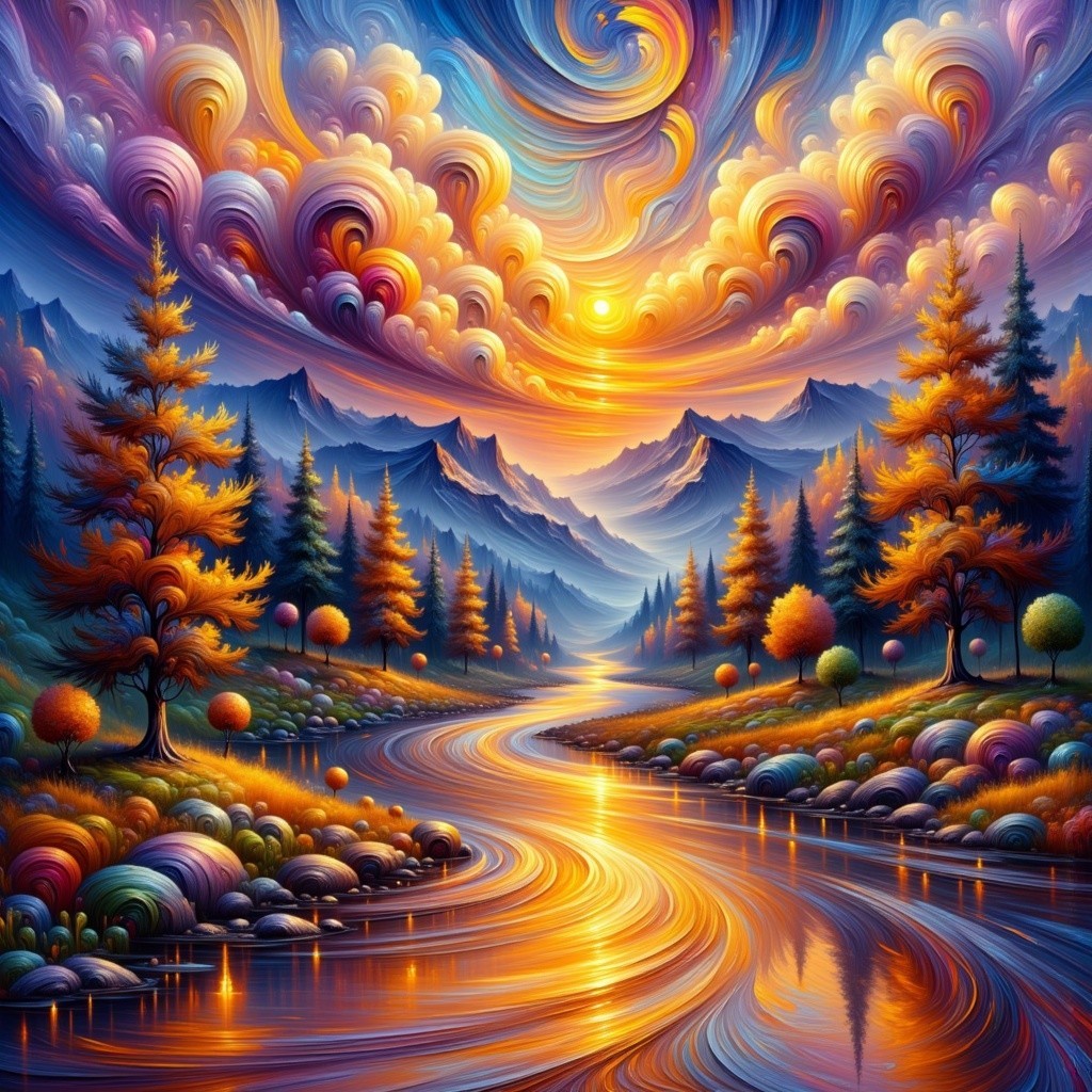 Vibrant Autumn Landscape with River and Mountains