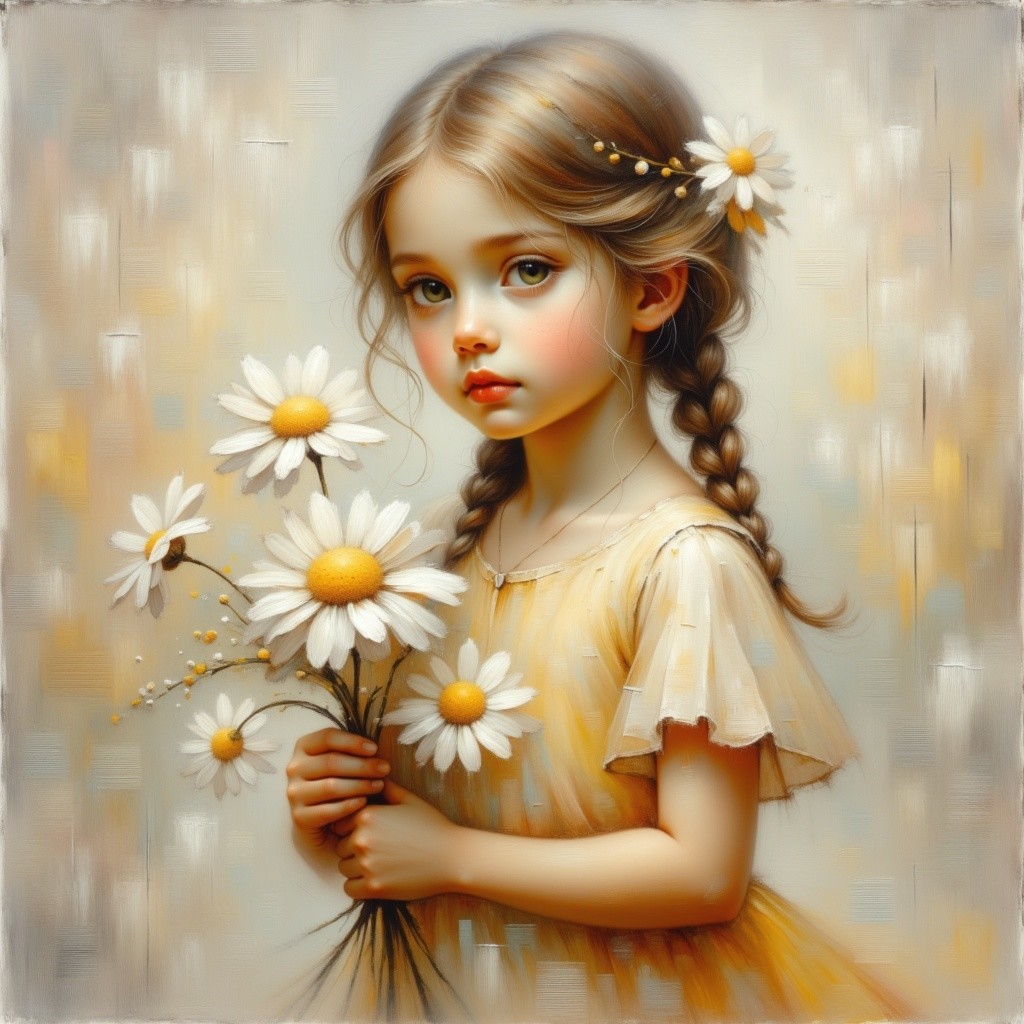 Young girl in yellow dress holding daisies bouquet