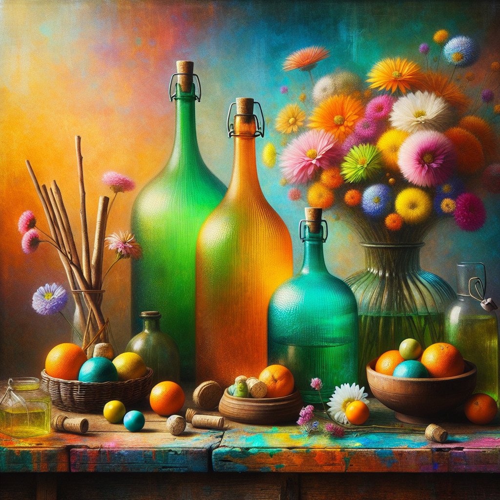 Vibrant Still Life with Colorful Bottles and Flowers