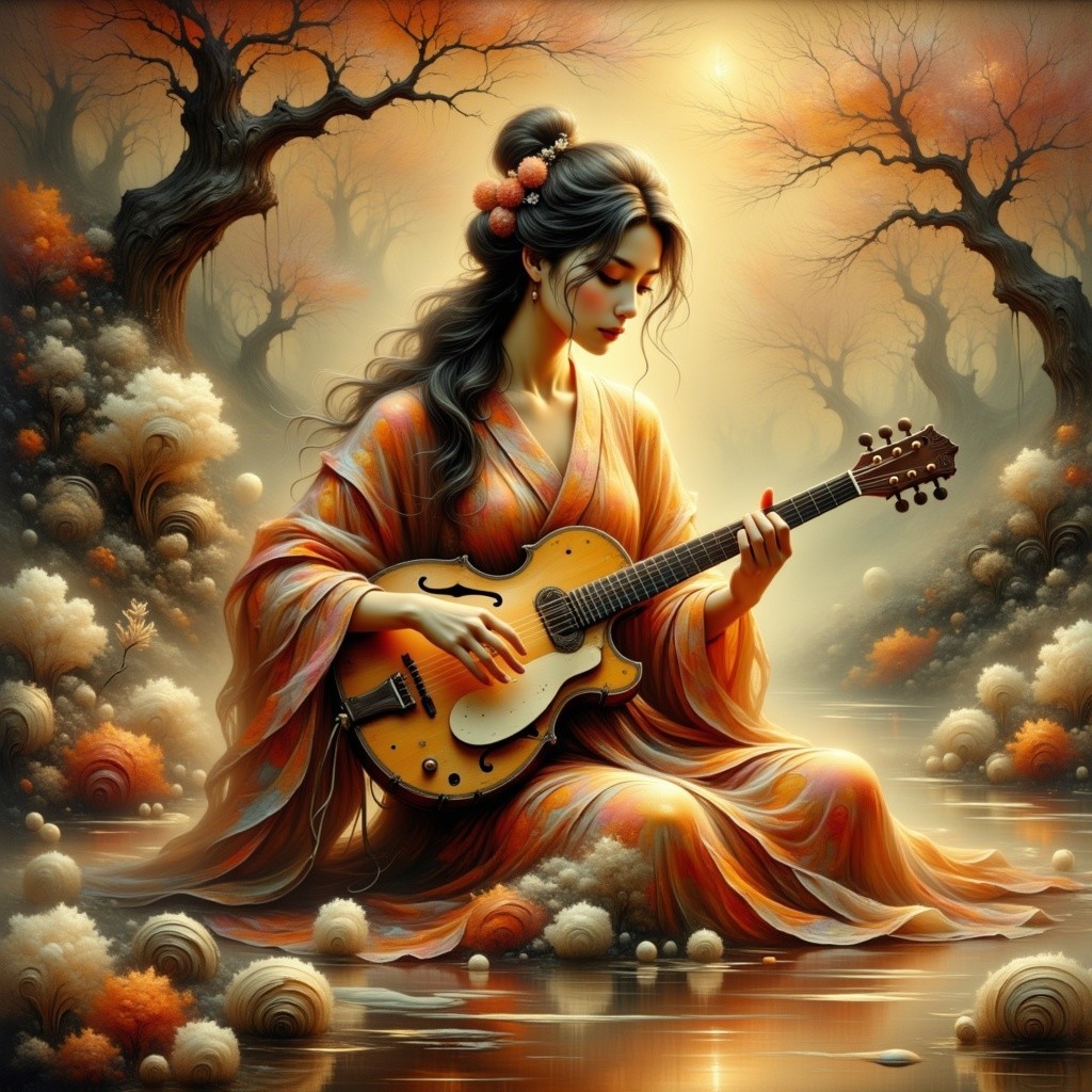 Serene figure in kimono by tranquil stream with guitar