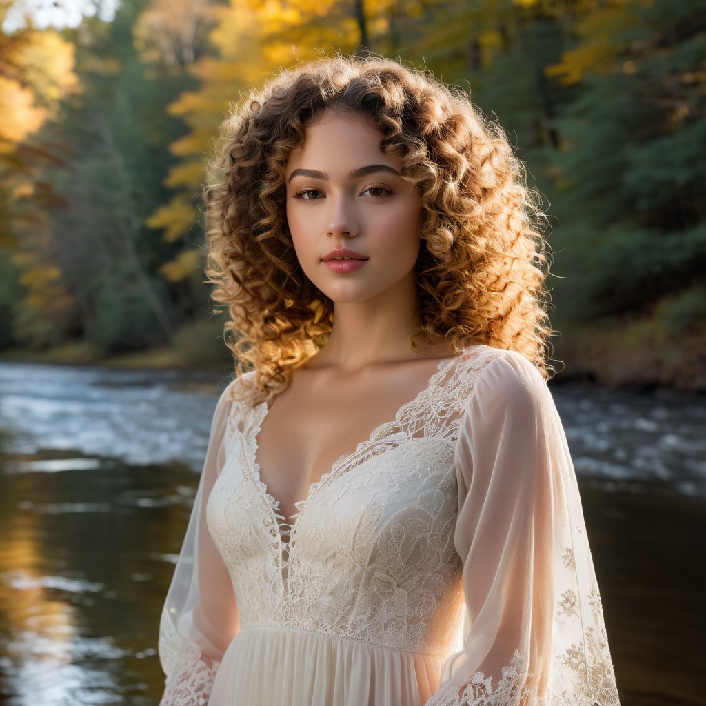 Young woman by serene river in autumn foliage